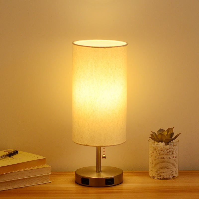 USB Table Lamp Bedside Night Light Solid Wood LED Desk Lamp Bedroom Night Light with Cloth Lampshade